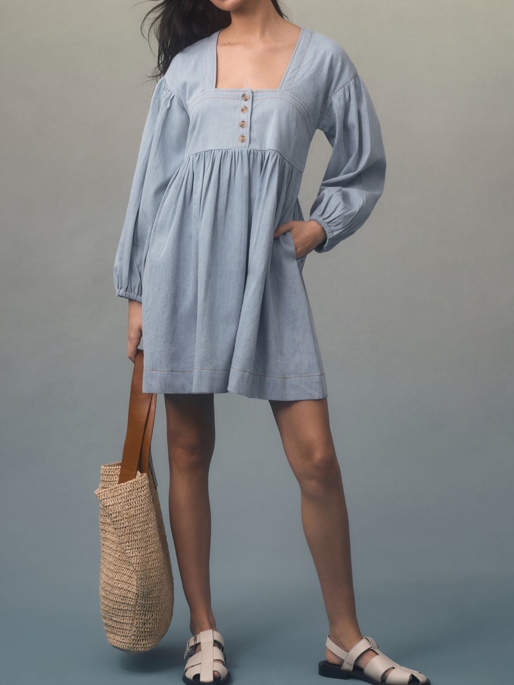 NWT Anthropologie Light Blue Square Neck Long Sleeve Mini Dress